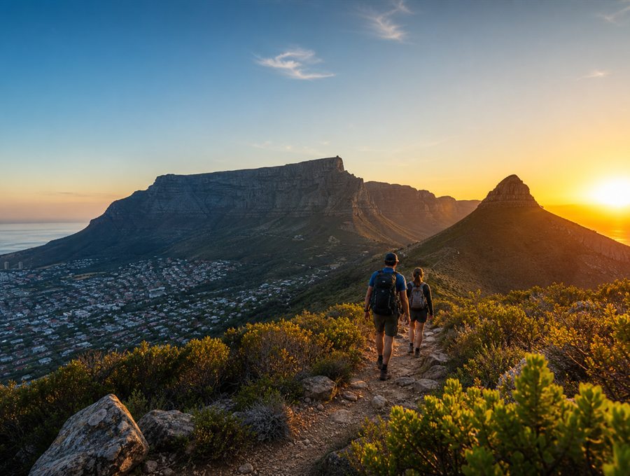Rocky fynbos trail with hikers at sunrise